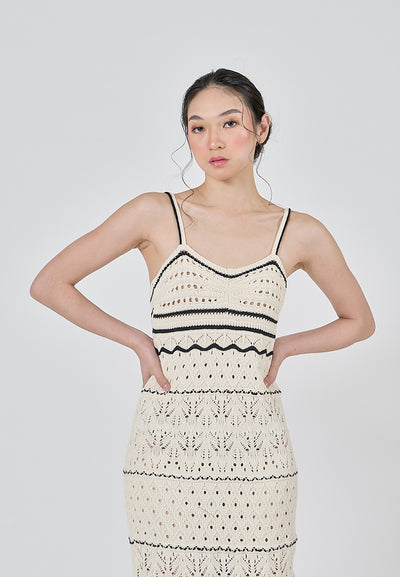 Ruthvi Beige with Black Detals Knitted Eyelet Sleeveless A-Line Midi Dress