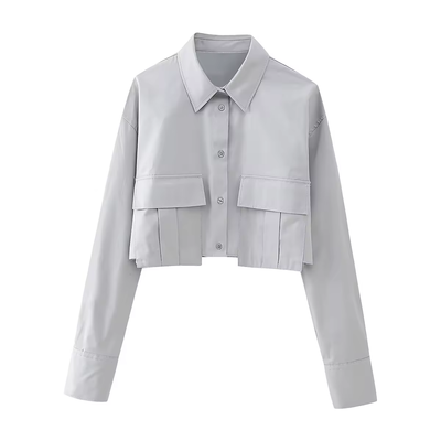 (PRE-ORDER: ETA August 5,2024)Zenith Ash Gray Turn Down Collar Front Pockets Button Up Long Sleeves Polo Crop Top