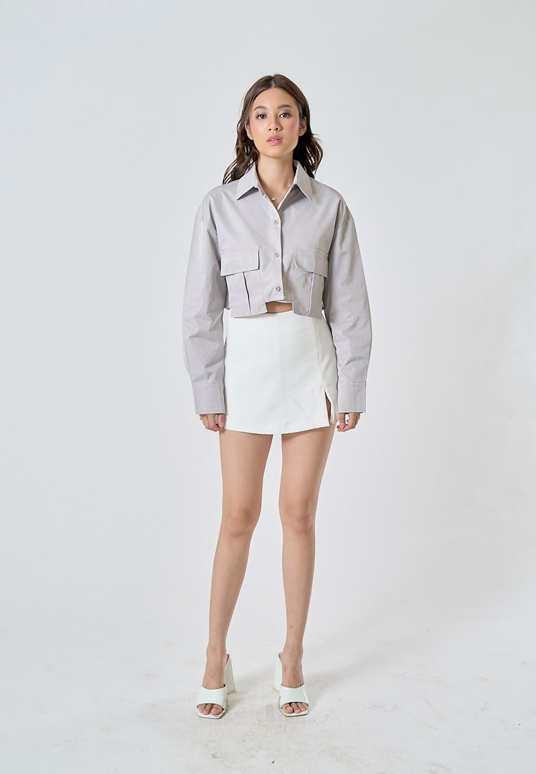 Zenith Ash Gray Turn Down Collar Front Pockets Button Up Long Sleeves Polo Crop Top