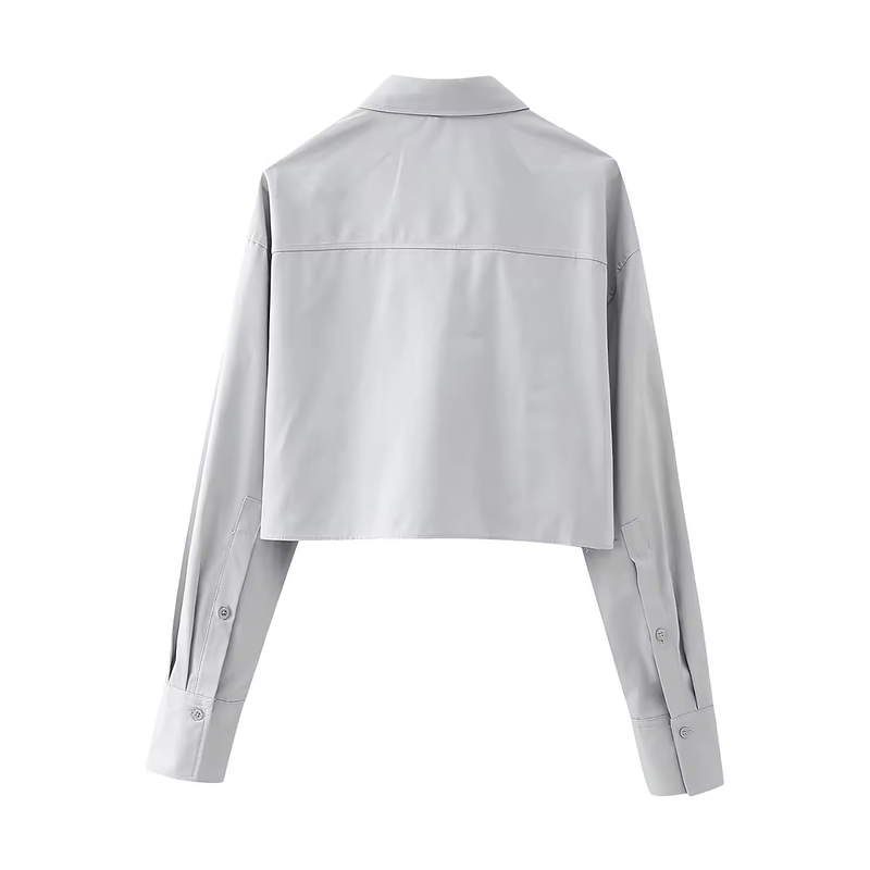 (PRE-ORDER: ETA August 5,2024)Zenith Ash Gray Turn Down Collar Front Pockets Button Up Long Sleeves Polo Crop Top