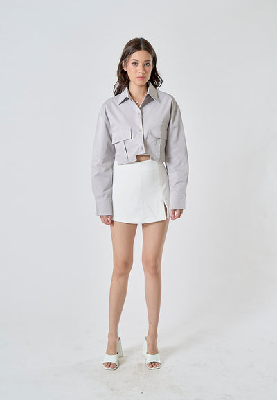 Zenith Ash Gray Turn Down Collar Front Pockets Button Up Long Sleeves Polo Crop Top