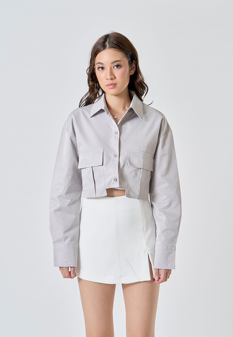 (PRE-ORDER: ETA August 5,2024)Zenith Ash Gray Turn Down Collar Front Pockets Button Up Long Sleeves Polo Crop Top