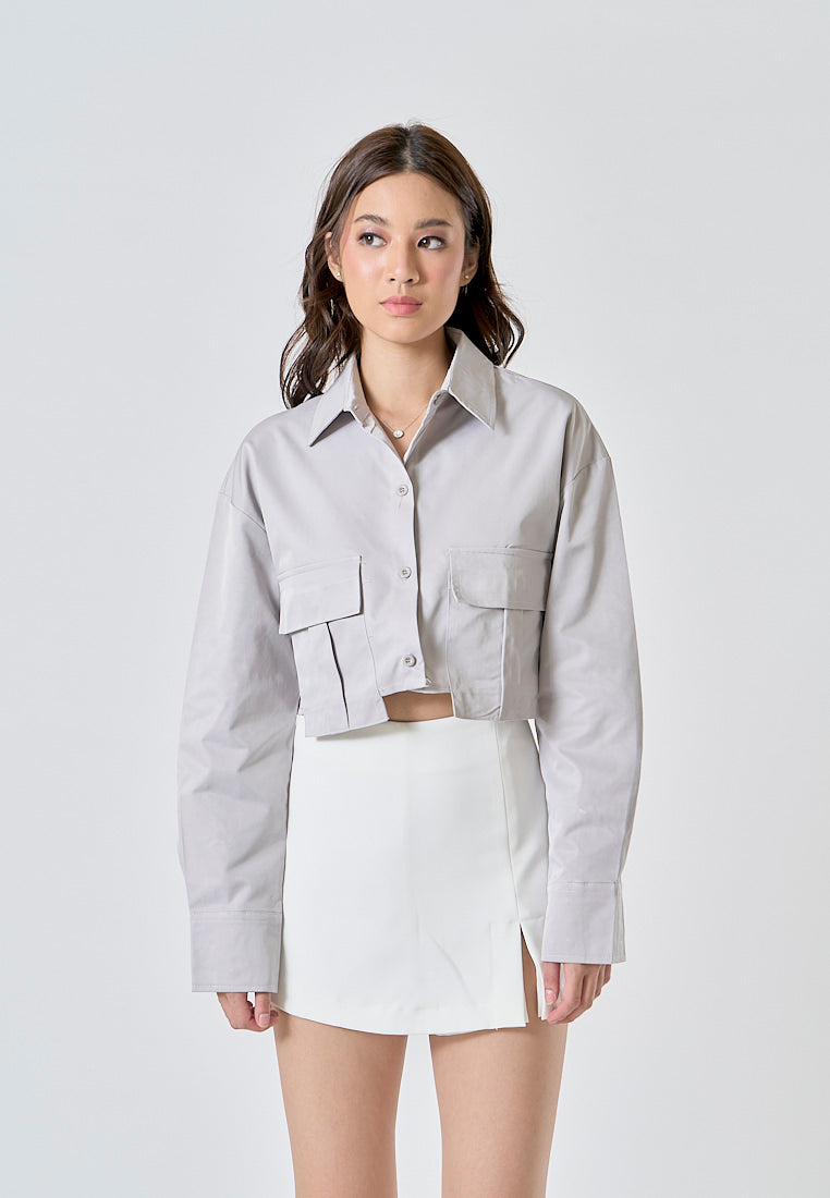 (PRE-ORDER: ETA August 5,2024)Zenith Ash Gray Turn Down Collar Front Pockets Button Up Long Sleeves Polo Crop Top