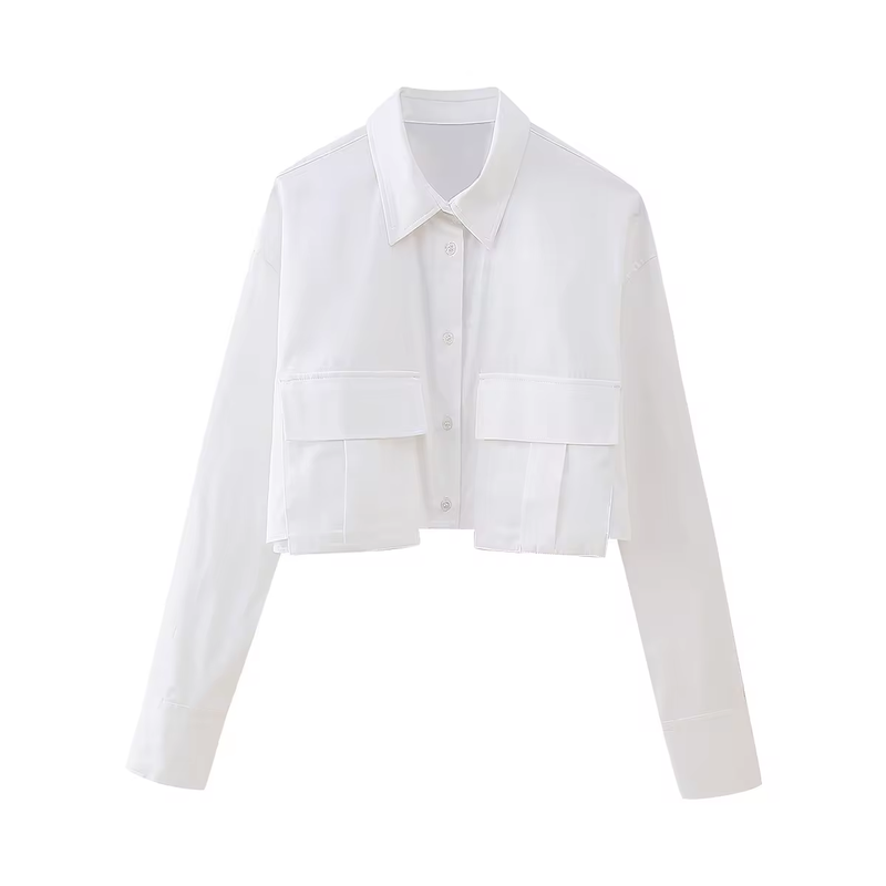 Zenith White Turn Down Collar Front Pockets Button Up Long Sleeves Polo Crop Top