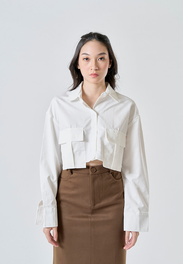 Zenith White Turn Down Collar Front Pockets Button Up Long Sleeves Polo Crop Top