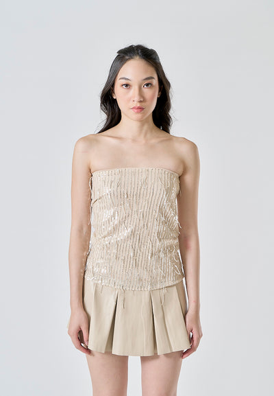 Wynona Beige Faux Leather Wide Pleats Mini Skirt