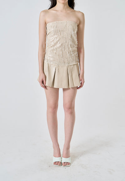 Wynona Beige Faux Leather Wide Pleats Mini Skirt