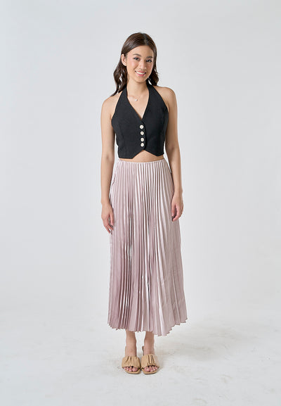 Sylvia Beige Pleated Elastic Waist A-Line Midi Skirt