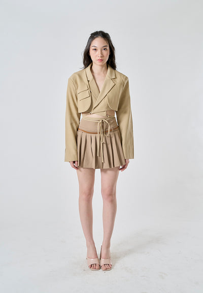 (PRE-ORDER: ETA August 5,2024)Westley Sand Beige Sashes Pleated Zipper Fly Mini Skirt