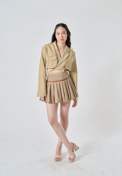 (PRE-ORDER: ETA August 5,2024)Westley Sand Beige Sashes Pleated Zipper Fly Mini Skirt