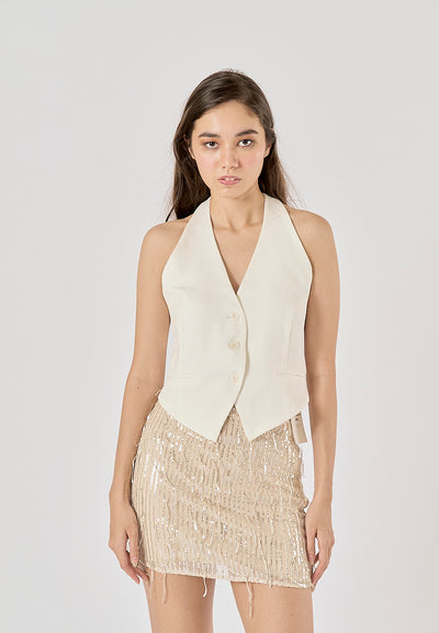 Von Beige Sequins Tassel Zipper Fly Mini Skirt