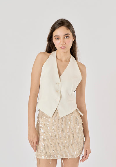 Von Beige Sequins Tassel Zipper Fly Mini Skirt