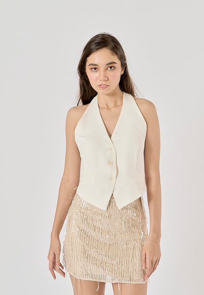 Von Beige Sequins Tassel Zipper Fly Mini Skirt