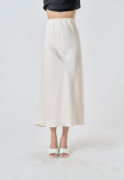 Sanity Beige Latte Satin Elastic Waist A-Line Maxi Skirt