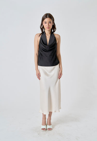 Sanity Beige Latte Satin Elastic Waist A-Line Maxi Skirt