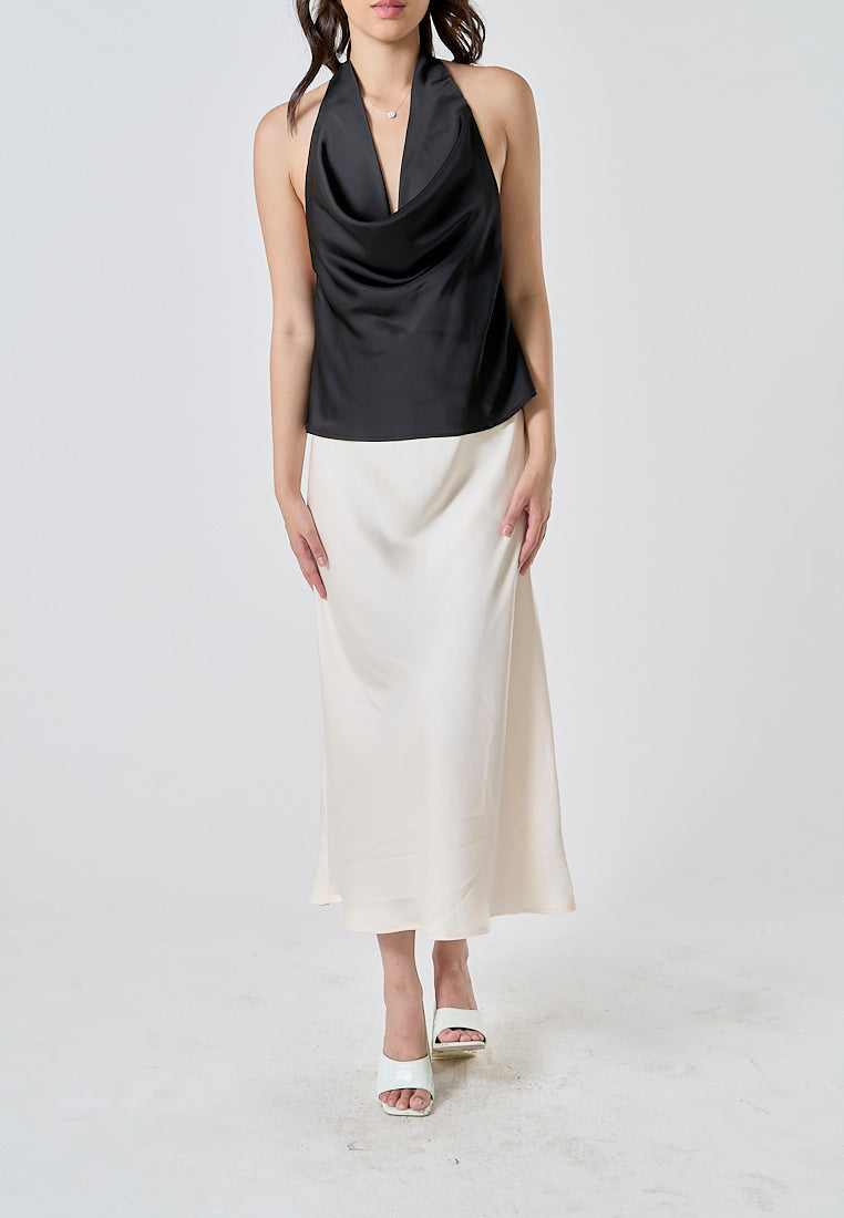 Sanity Beige Latte Satin Elastic Waist A-Line Maxi Skirt