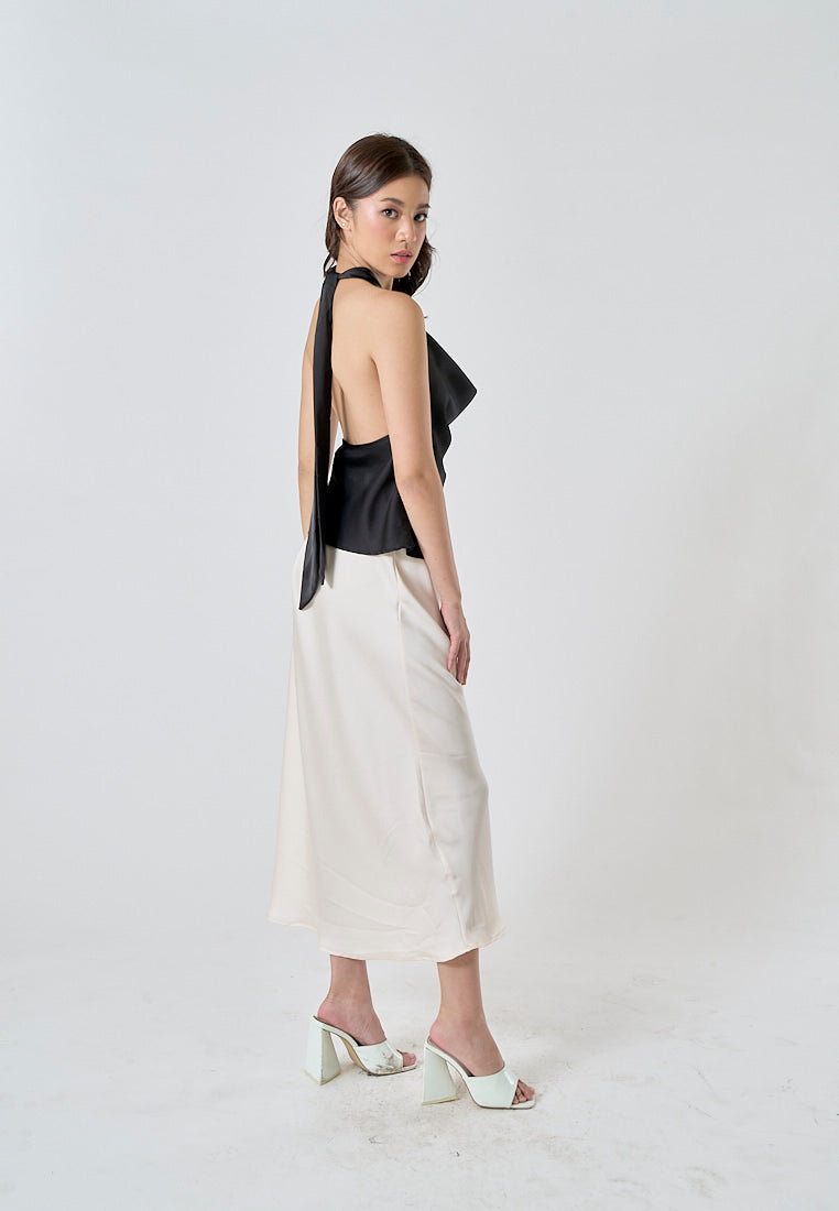 Sanity Beige Latte Satin Elastic Waist A-Line Maxi Skirt