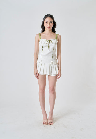 Wisdom White Drawstring Waist Pleated Sexy Mini Skort