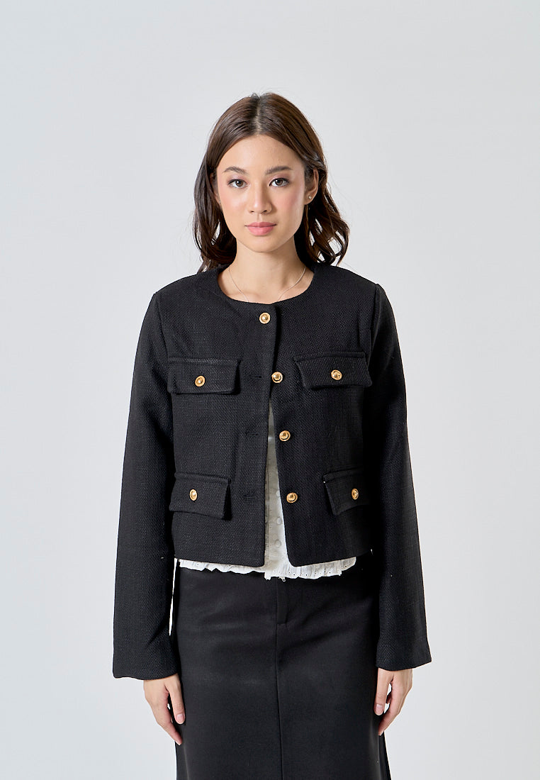 Abrielle Black Crew Neck Gold Button Long Sleeves Blazer