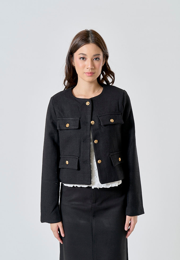 Abrielle Black Crew Neck Gold Button Long Sleeves Blazer