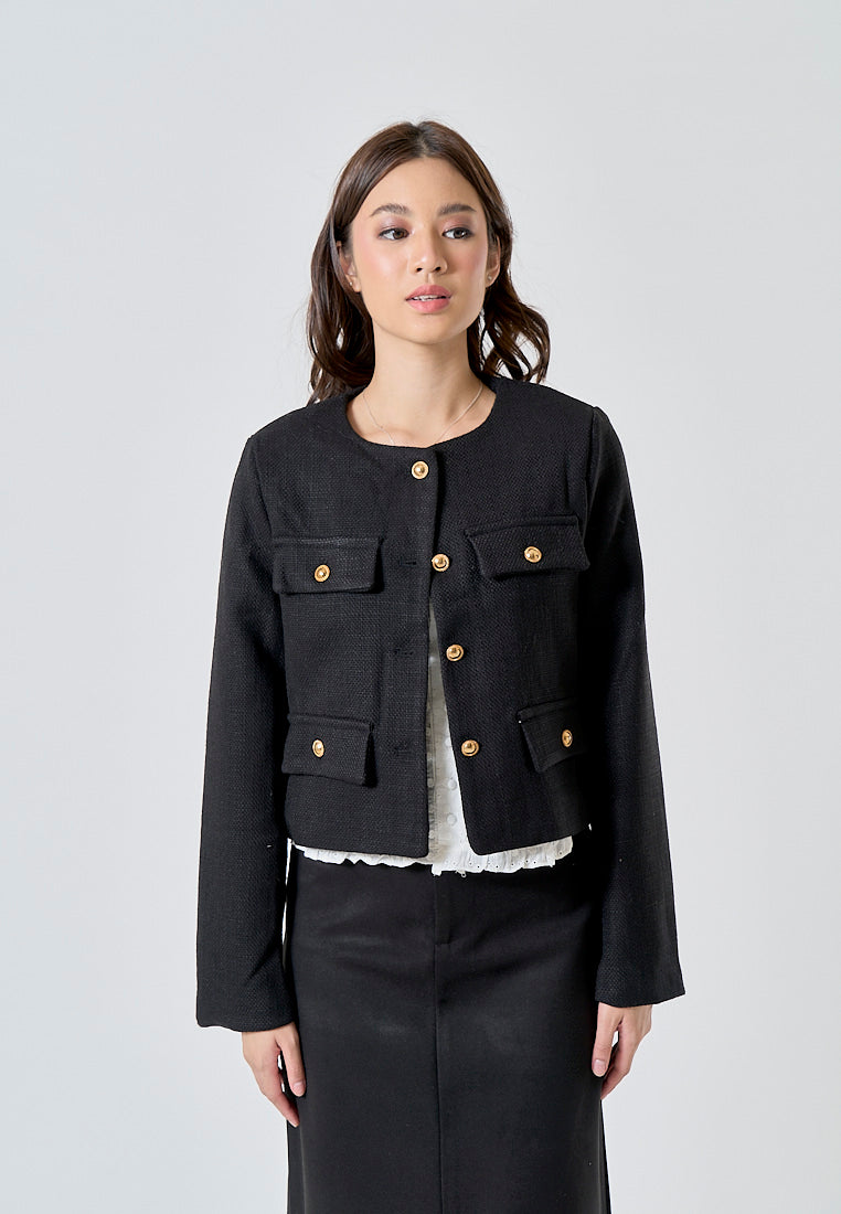 Abrielle Black Crew Neck Gold Button Long Sleeves Blazer