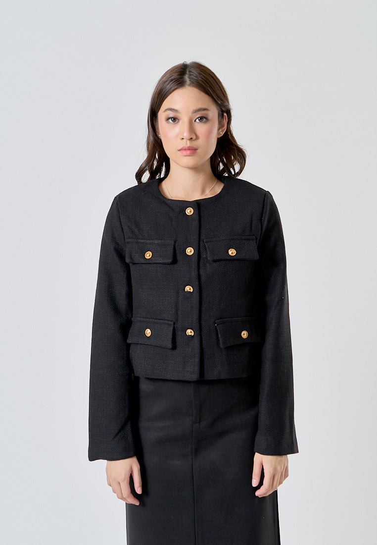 Abrielle Black Crew Neck Gold Button Long Sleeves Blazer