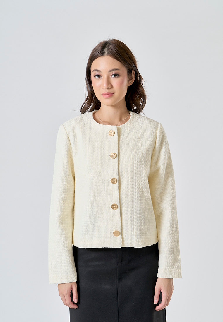 Viranda Beige Tweed Crew Neck Single Breasted Button Down Long Sleeve Blazer