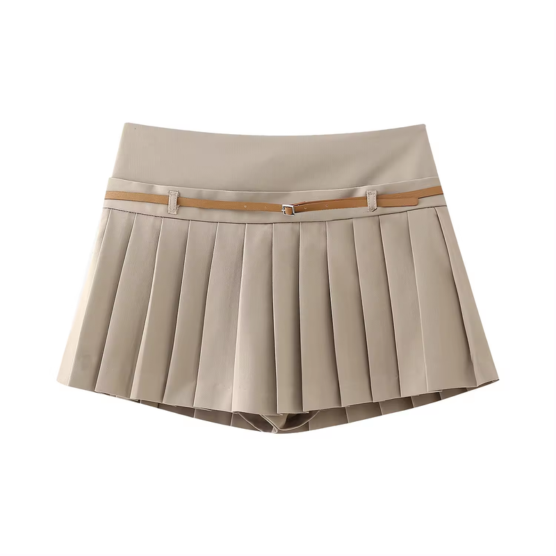 Zendy Khaki Sashes Pleated Mini Skirt