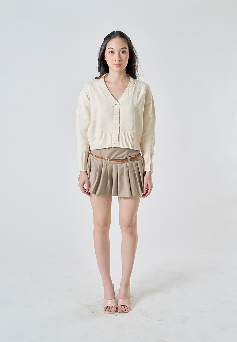 Zendy Khaki Sashes Pleated Mini Skirt