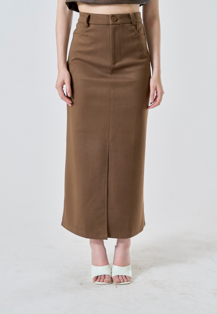 Anisette Almond Brown Zipper Fly Front Slit Casual Midi Skirt