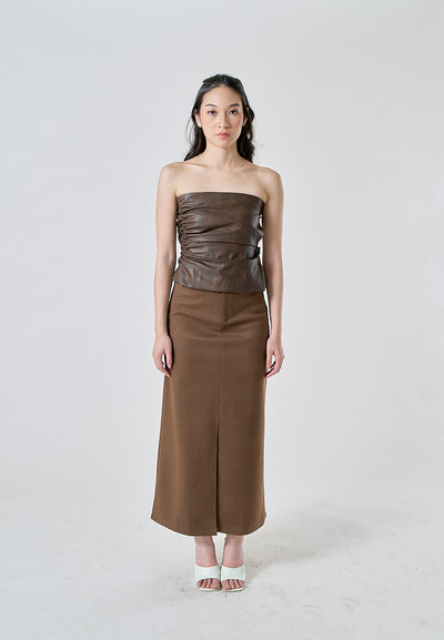 Anisette Almond Brown Zipper Fly Front Slit Casual Midi Skirt