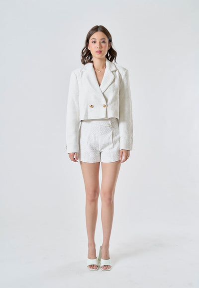 Ava White Tweed Notched Collar Double Breasted Long Sleeves Cropped Blazer