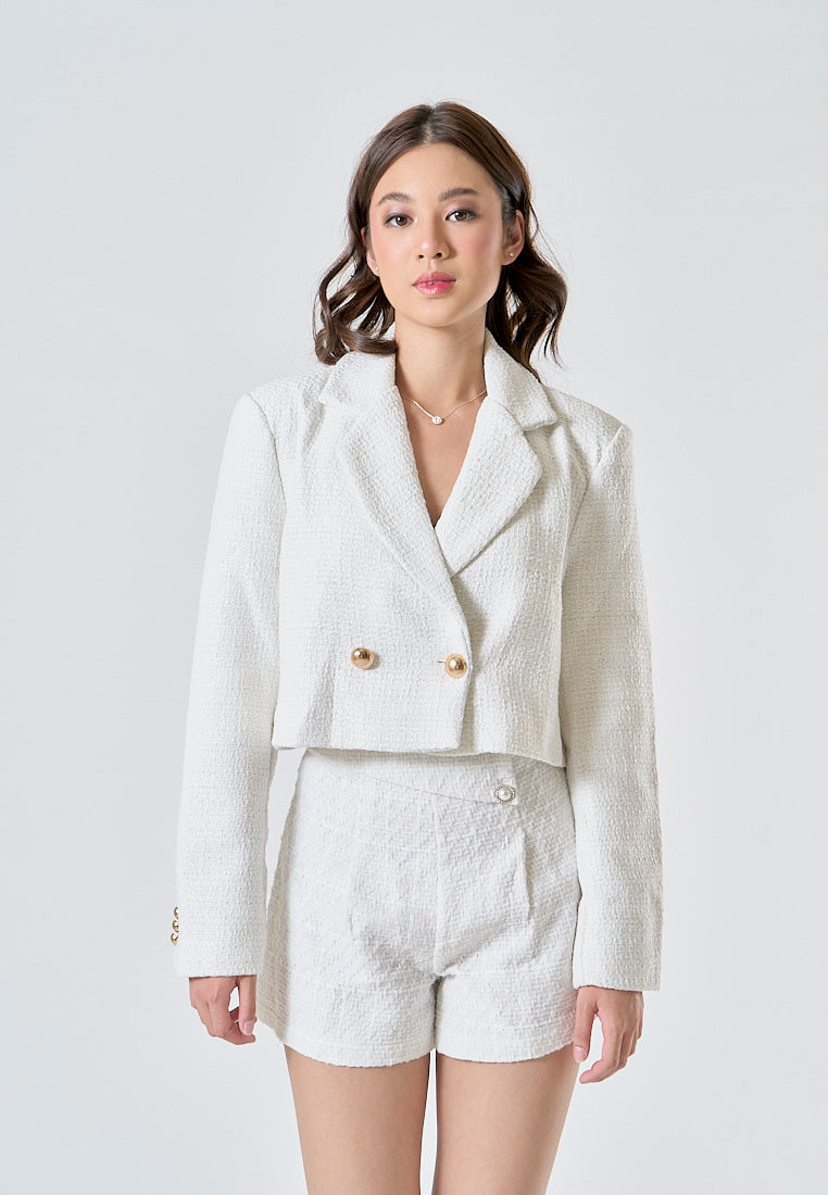 Ava White Tweed Notched Collar Double Breasted Long Sleeves Cropped Blazer