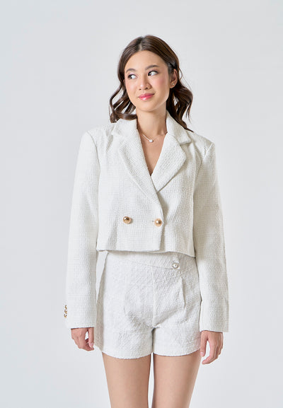 Ava White Tweed Notched Collar Double Breasted Long Sleeves Cropped Blazer