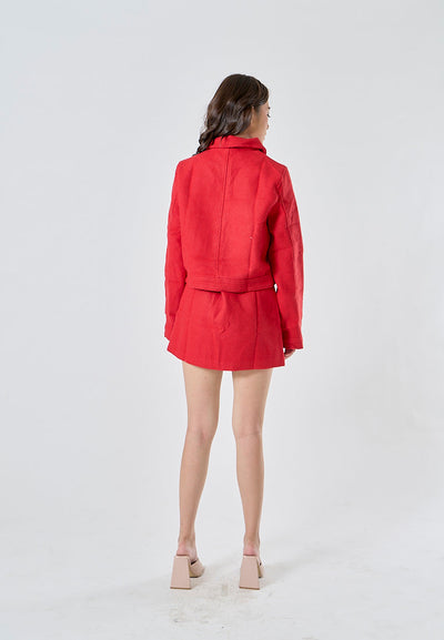 Zabine Red Tweed Turn Down Collar Zipper Closure Long Sleeves Blazer