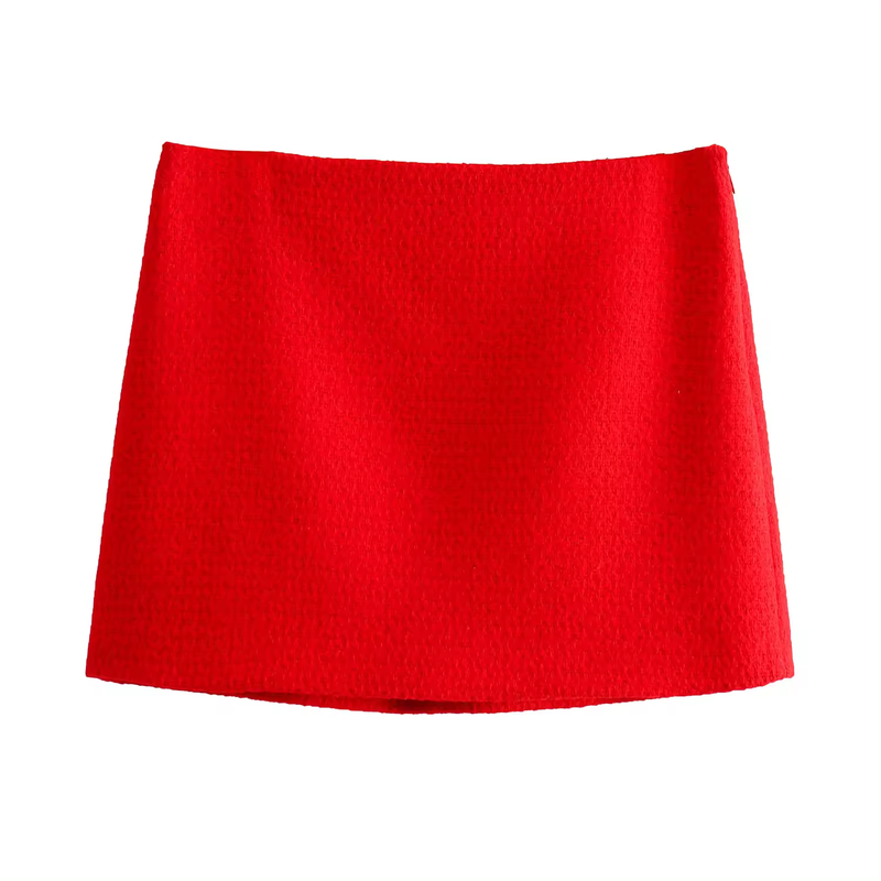 Zane Red Tweed Side Zipper Casual Mini Skirt