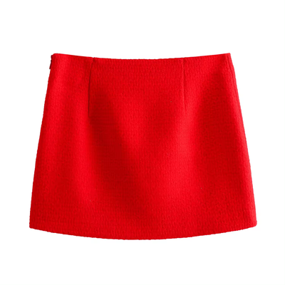 Zane Red Tweed Side Zipper Casual Mini Skirt