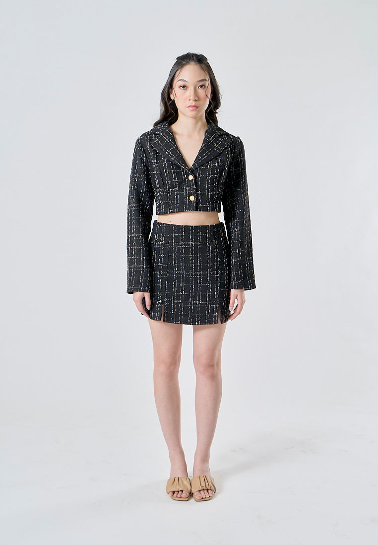 Astraea Black Tweed Notched Collar Long Sleeve Cropped Blazer and Side Zipper Casual Mini Skirt Set