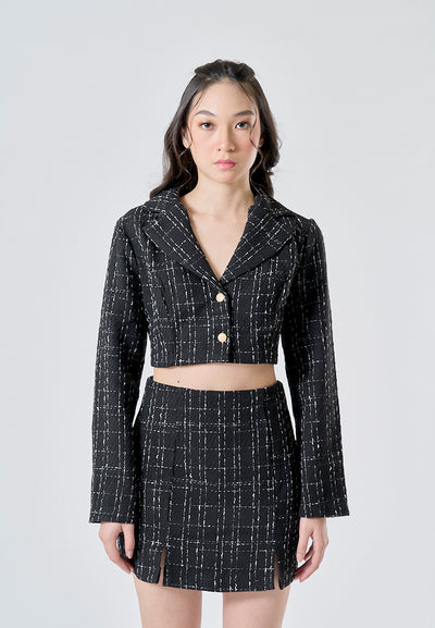 Astraea Black Tweed Notched Collar Long Sleeve Cropped Blazer and Side Zipper Casual Mini Skirt Set