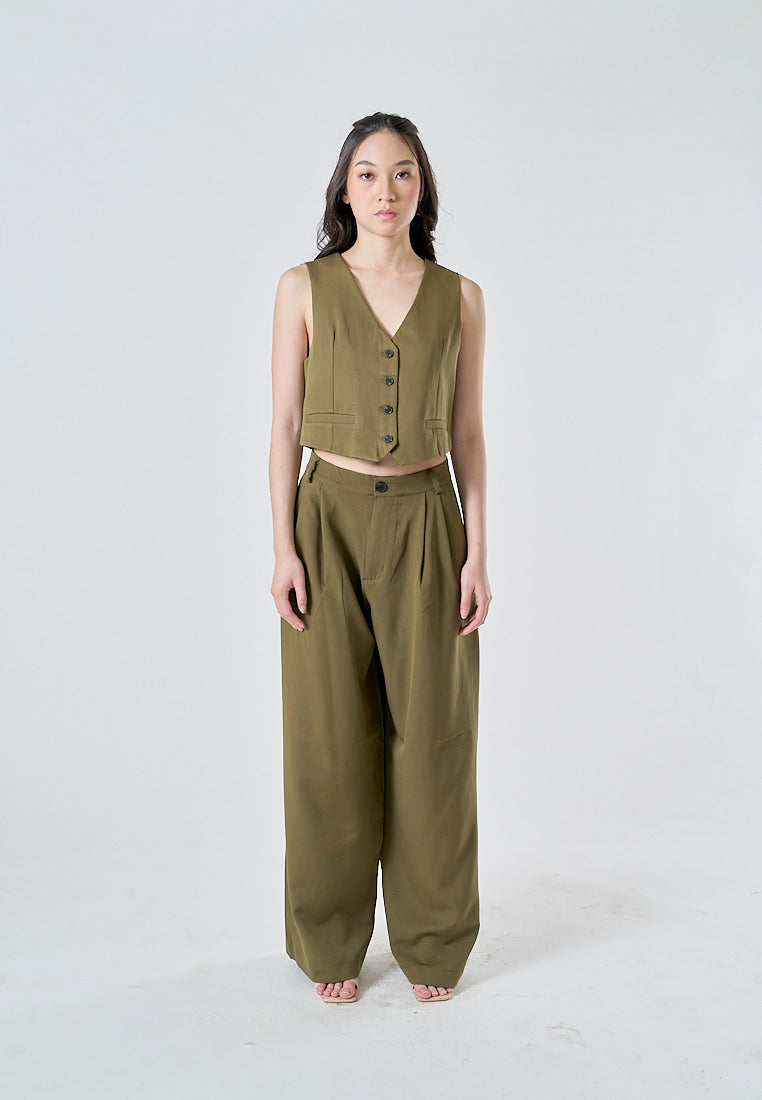 Zoona Olive Green Wide Leg Design Pleated Zipper Fly Casual Trouser