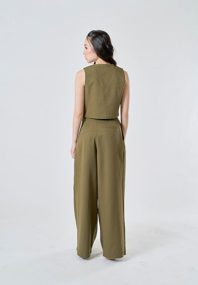 Zoona Olive Green Wide Leg Design Pleated Zipper Fly Casual Trouser