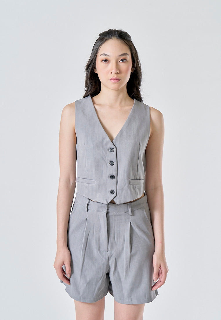 Sidra Gray V Neck Single Breasted Button Closure Casual Waistcoat Vest