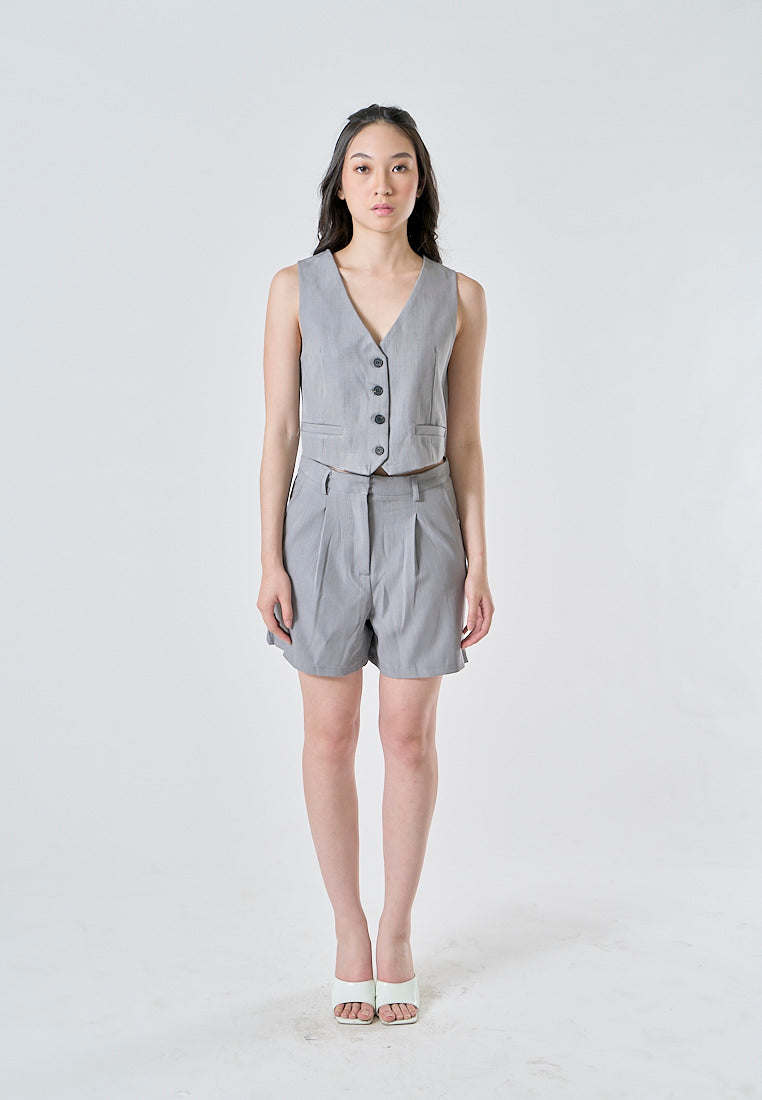 Sedan Gray Front Pleated Zipper Fly Casual Shorts