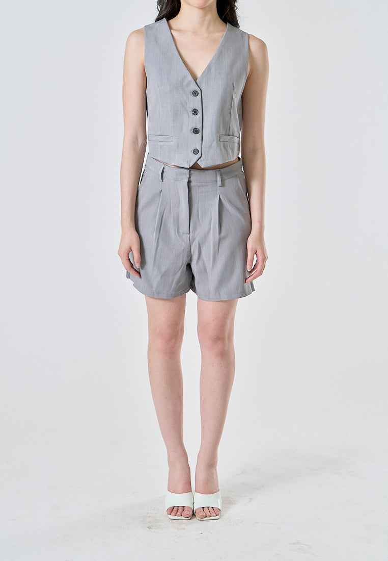 Sedan Gray Front Pleated Zipper Fly Casual Shorts