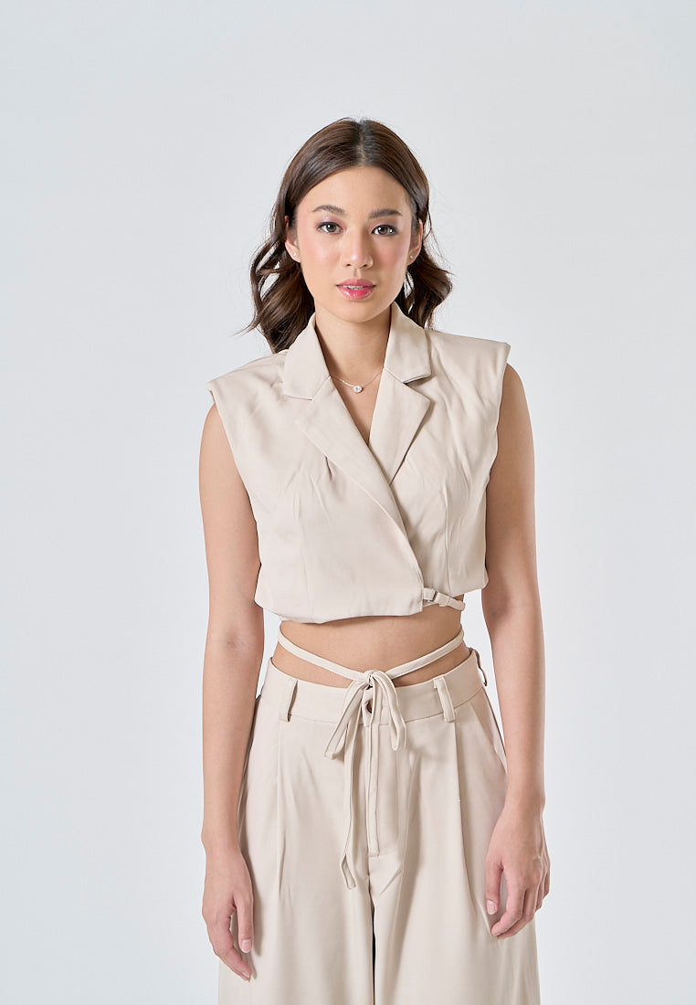 Capuccine Beige Notched Collar Crop Vest and Zipper Fly Full Length Trouser Set