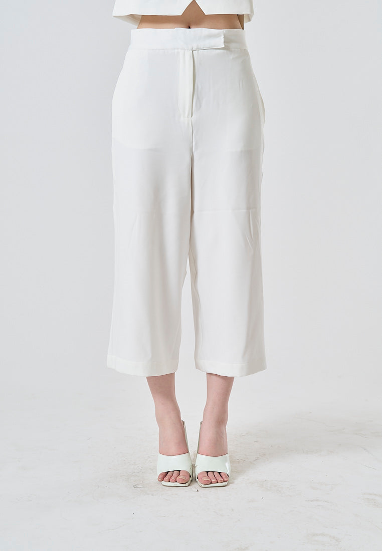 Francois White Zipper Fly Wide Leg Ankle-Length Trouser