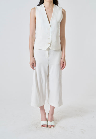 Francois White Zipper Fly Wide Leg Ankle-Length Trouser