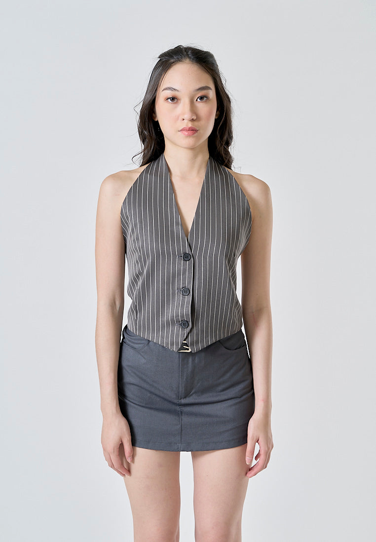 Xael Gray Stripes V Neck Halter Self Tie Button Sleeveless Top