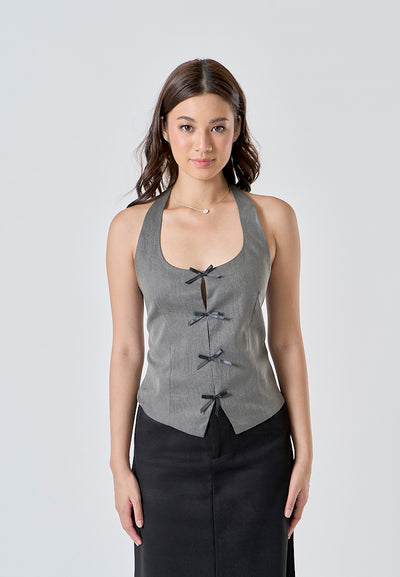 Greeley Gray Front Lace Up and Slit Back Hollow Out Casual Halter Tank Top