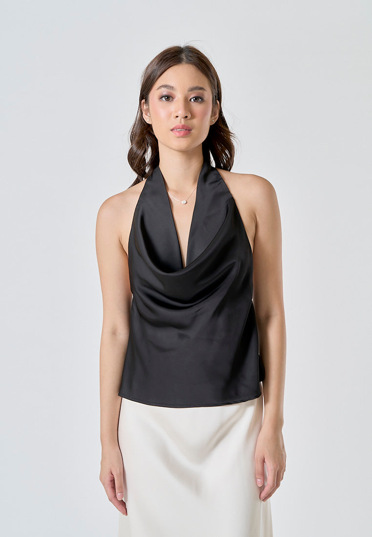 Candace Black Halter Cowl Neck Camisole Top